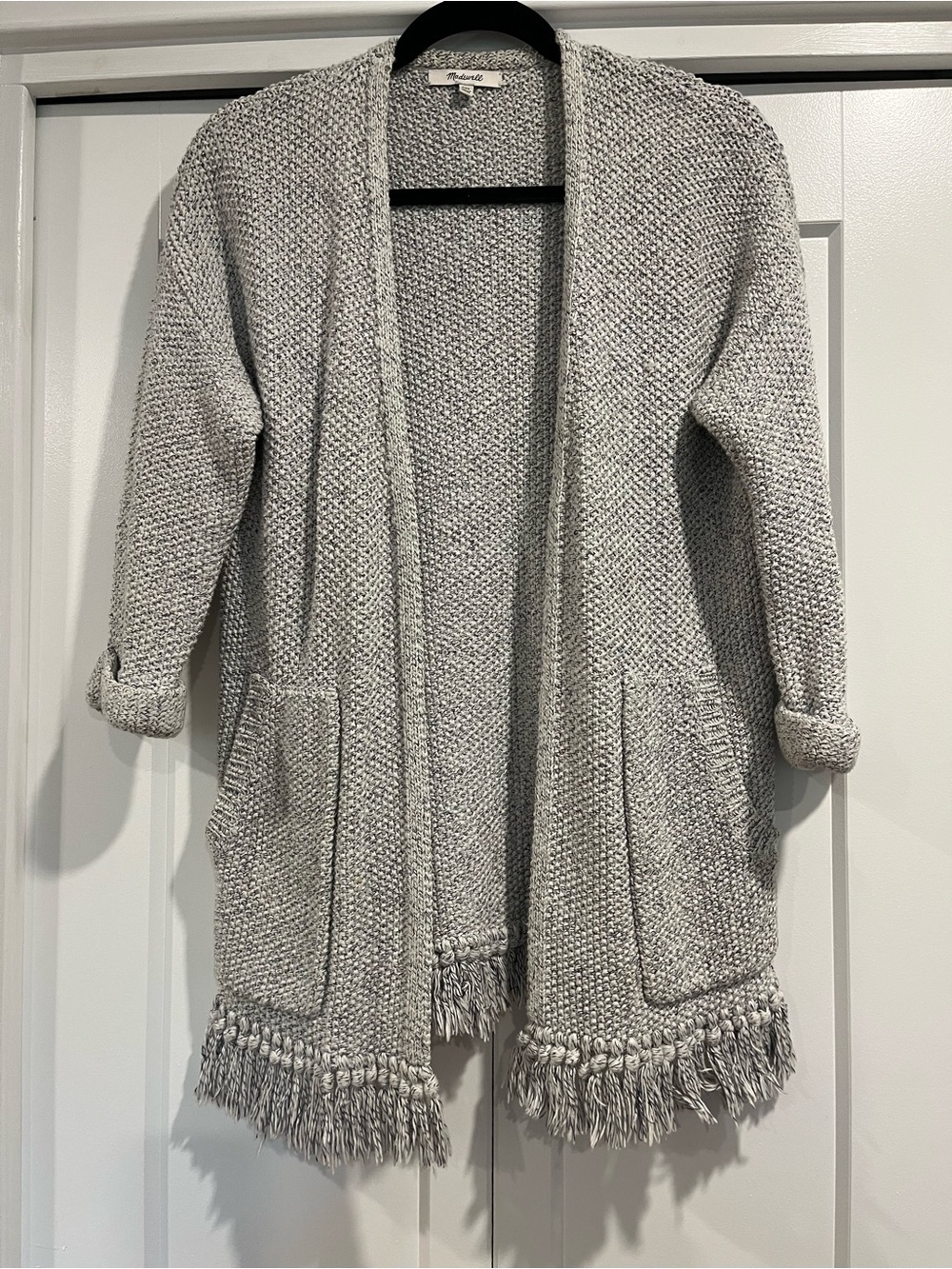 Madewell Light Gray Open-Front Fringe Knit Cardigan